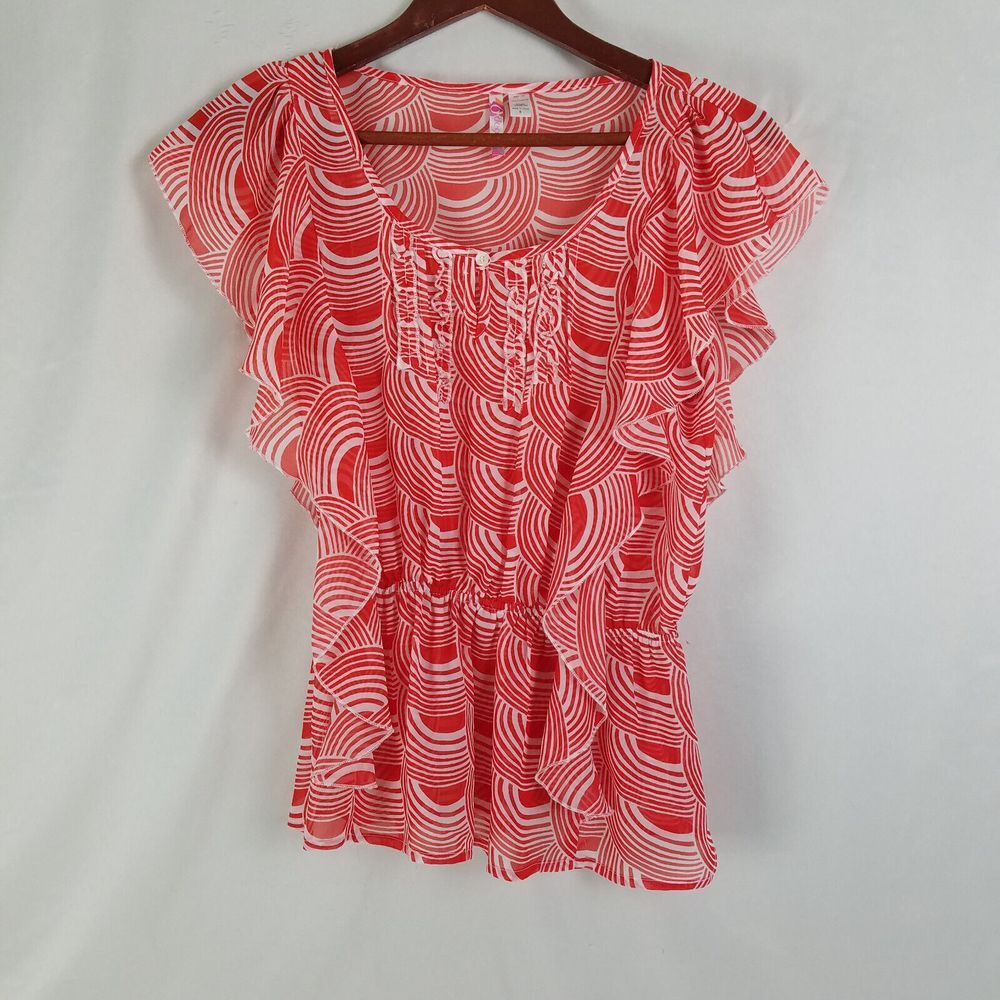 6 Degrees‎ Shirt Womens Small Red Top Ruffle Short Sleeve Scoop Neck Blouse